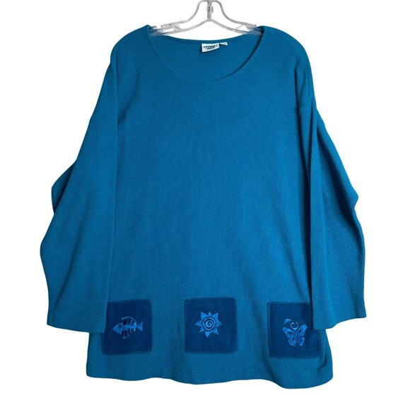 Vintage 90s Johnny‎ Was T Shirt Embroidered Tunic Womens One Size Blue Beach - Picture 1 of 9